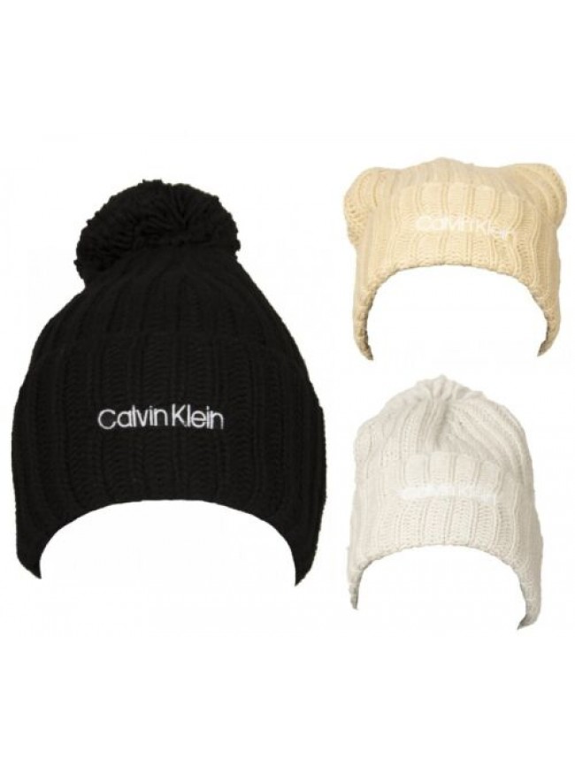 Cappello cuffia CK CALVIN KLEIN berretto con rovescia e pon pon logato articolo 